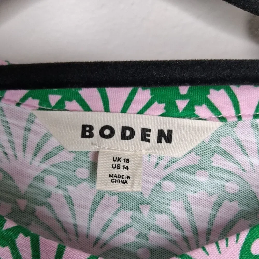 Boden Dolly Puff Sleeve Jersey Shirt Floral Fan Button-up Cotton Tencel US 14